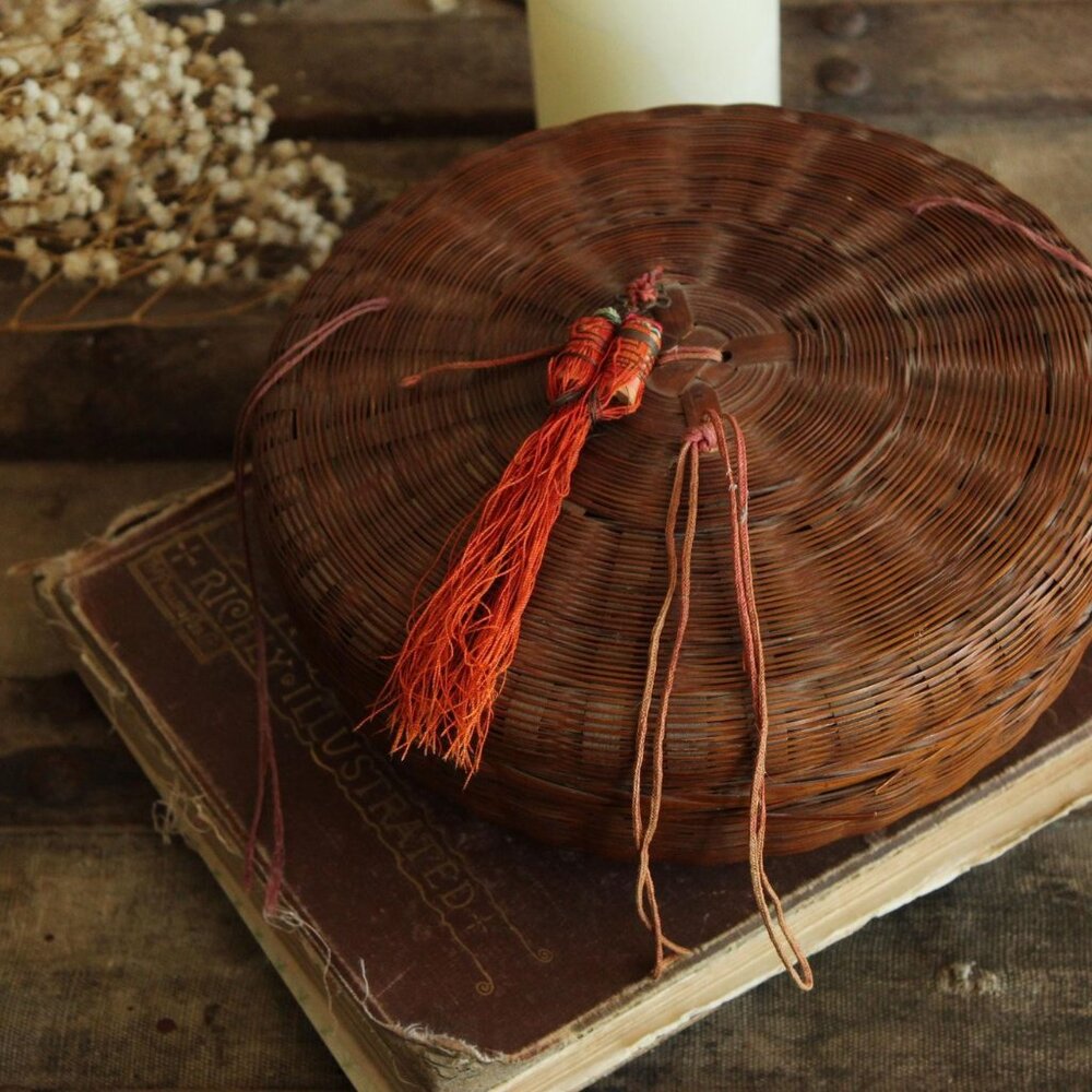 Vintage 1900s Sewing Basket, Chinese Woven Wicker Container with Lid and Orange